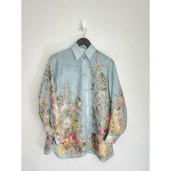 ZIMMERMANN Waverly Floral-Print Shirt Light Blue Silk Size AU 0P/ US 2P - Picture 6 of 14